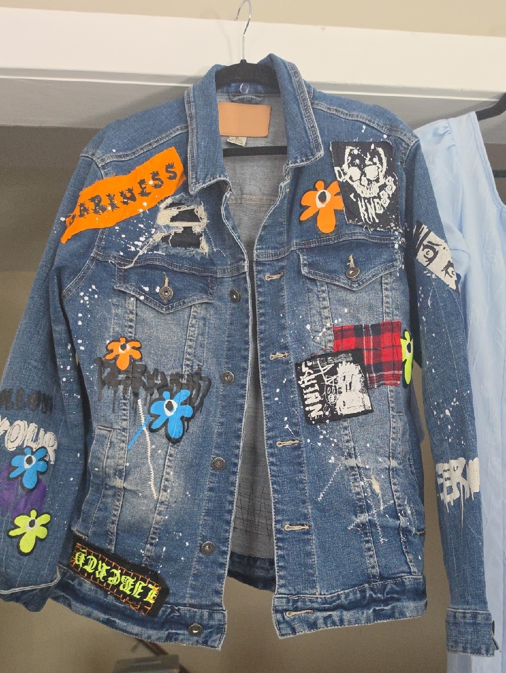 Distressed Blue Denim Patchwork Jean Jacket with Colorful Appliqués